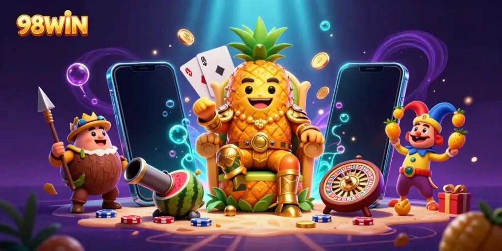 Experience thrilling games at 98WIN, featuring vibrant casino characters in a dynamic illustration.