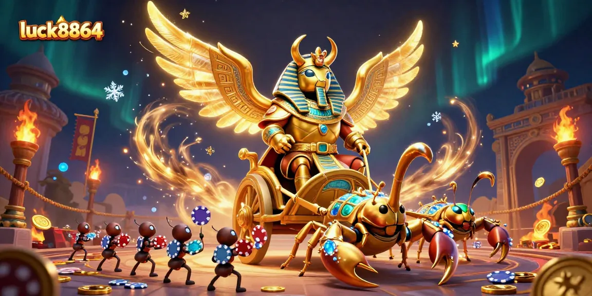 Luck8864 offers an exciting view of a colossal scarab beetle navigating a dazzling casino experience.