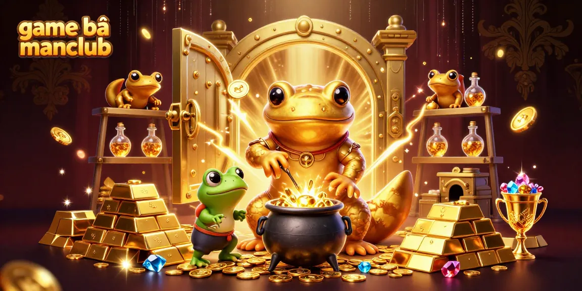 Engage in game bài manclub with a vibrant 3D illustration of golden alchemist characters surrounded by treasure.