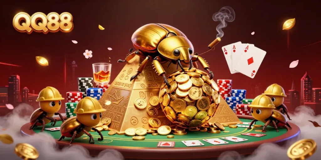 Engage with QQ88's vibrant casino gaming scene featuring a golden beetle and dynamic elements.