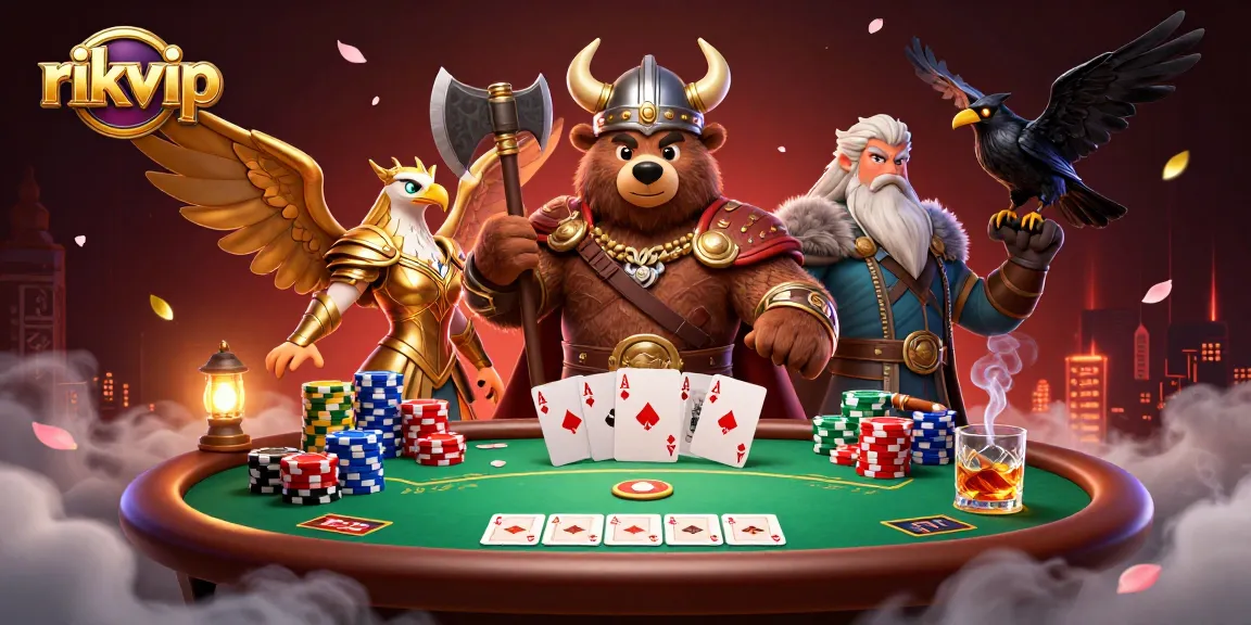 Engage in thrilling games at rikvip with a Viking berserker and Valkyrie eagle at a vibrant poker table.