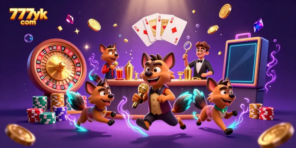 Experience the vibrant atmosphere of 777yk com with hyenas at a comedy casino, mixing drinks and checking IDs.