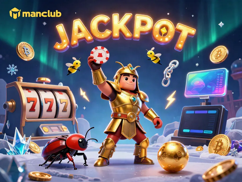 Experience the excitement of manclub with dynamic gaming characters celebrating a jackpot amidst vibrant casino features.