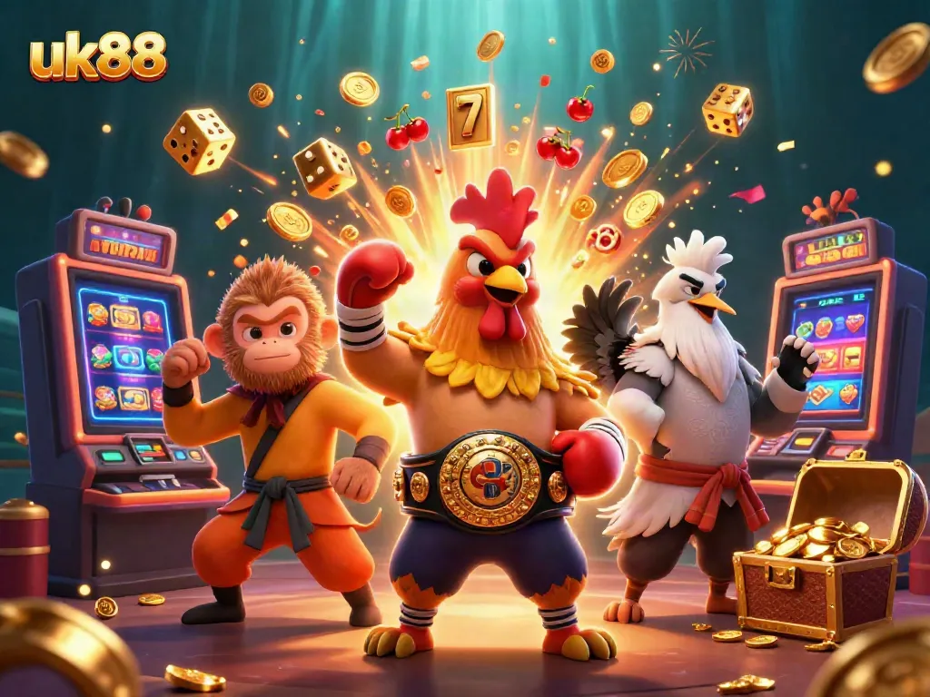 Experience the excitement of uk88 with a vibrant 3D casino scene featuring animated characters and jackpot thrills.