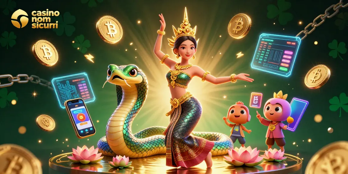 Vinci nei casino non AAMS sicuri con la scena incantevole di una ballerina thailandese e un serpente Naga arcobaleno.