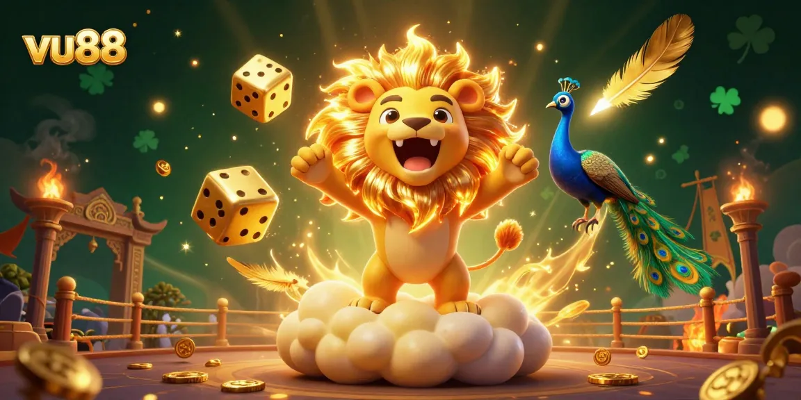 Win big with vu88 as a golden lion champion roars on a dynamic casino-themed digital scene.