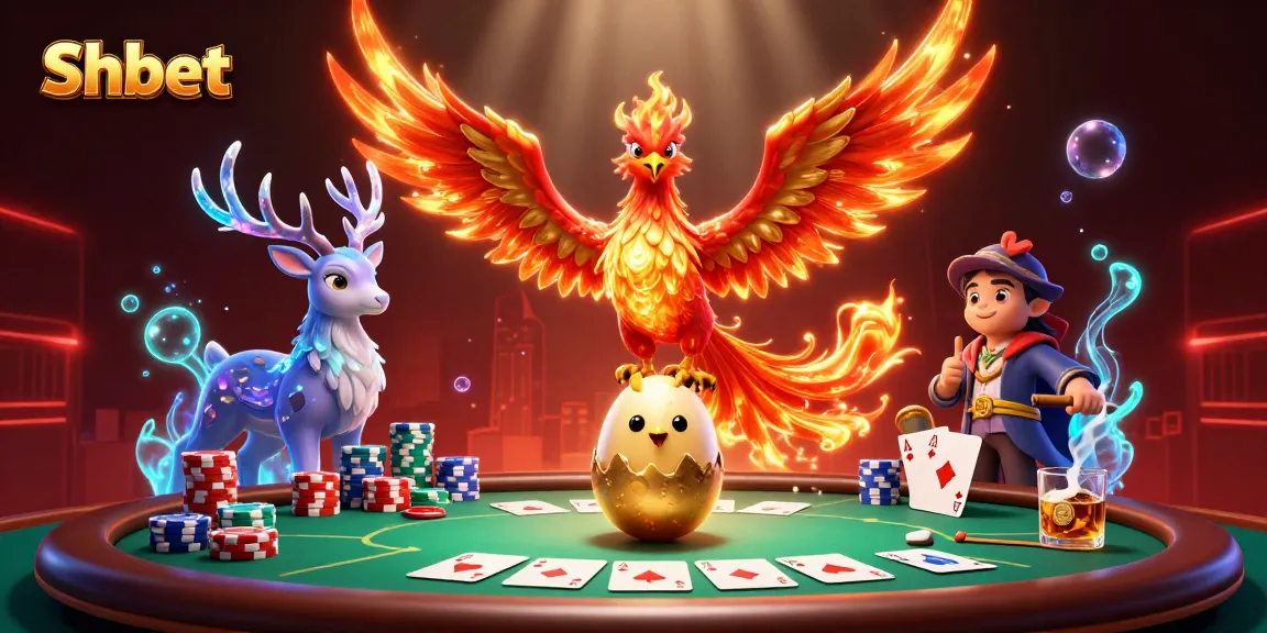 Shbet ignites excitement with a dynamic casino scene showcasing a fire phoenix, baby phoenix, and poker elements.