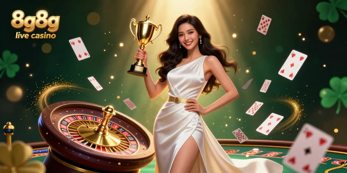 Experience the thrill of 8g8g live casino with a confident woman celebrating victory, adorned with casino-inspired elements.