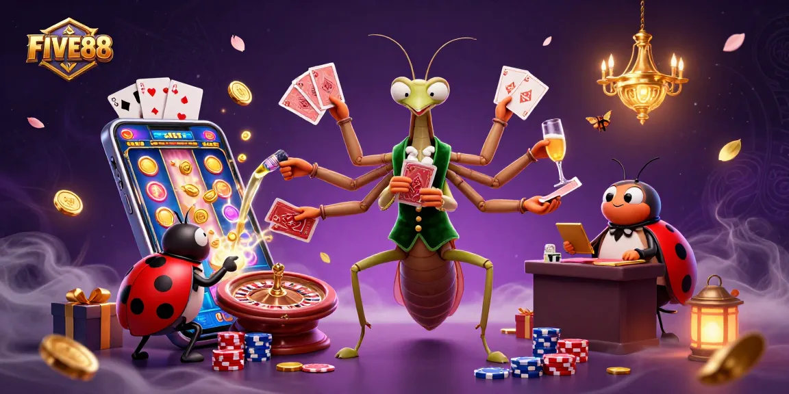 Engage with the excitement at FIVE88 casino featuring a vibrant 3D illustration of a card sharp and pit boss amidst gaming action.