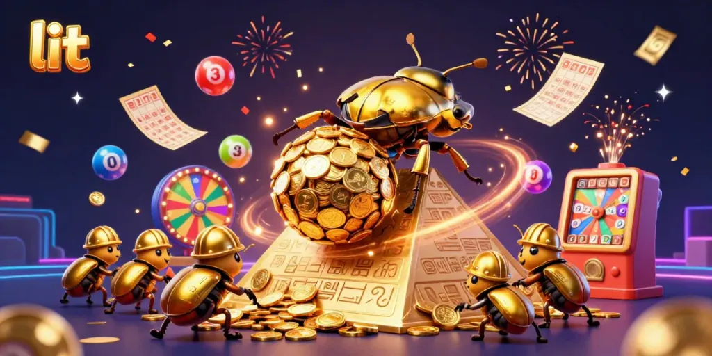 Engaging illustration of lit lottery elements with golden details and vibrant colors.