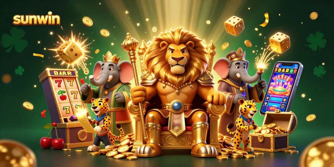 Experience sunwin thrills with a lion king and friends enjoying a jackpot casino adventure.