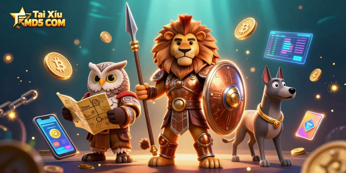 Engage with Tài Xỉu MD5 COM's exciting atmosphere, where a Spartan lion leads, surrounded by crypto elements.