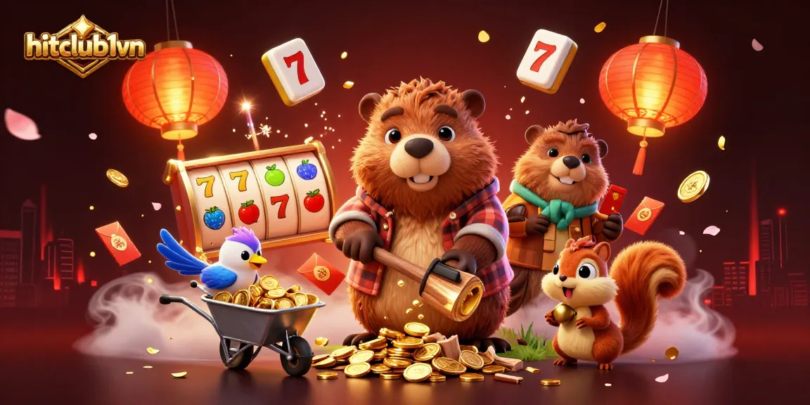 Experience the thrill of slots and luck with hitclub1vn, featuring vibrant 3D characters and gold coins raining down.