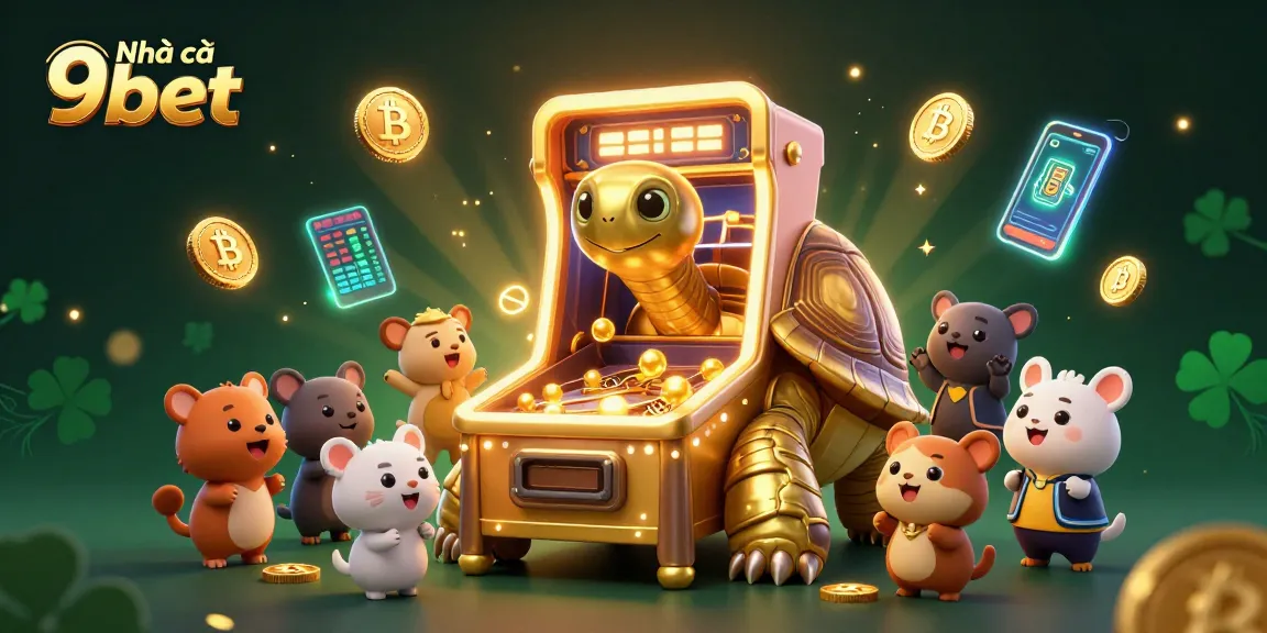 Play exciting casino games with Nhà cái 9bet featuring a vibrant 3D illustration of a golden tortoise pinball machine.