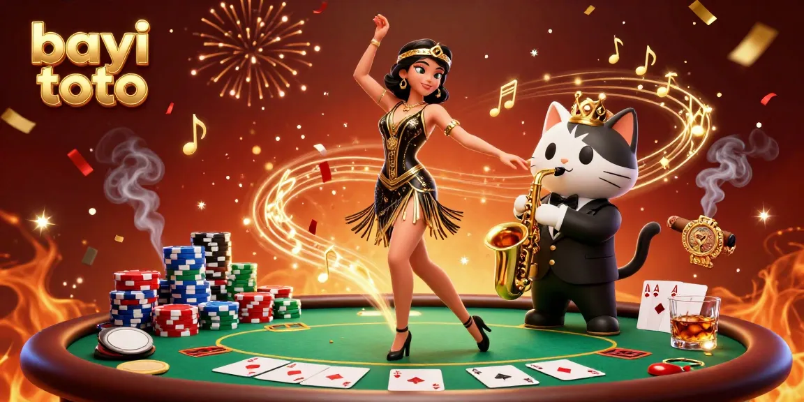 Join the excitement at bayi toto with a dynamic scene of casino gaming, colorful poker chips, and lively characters.