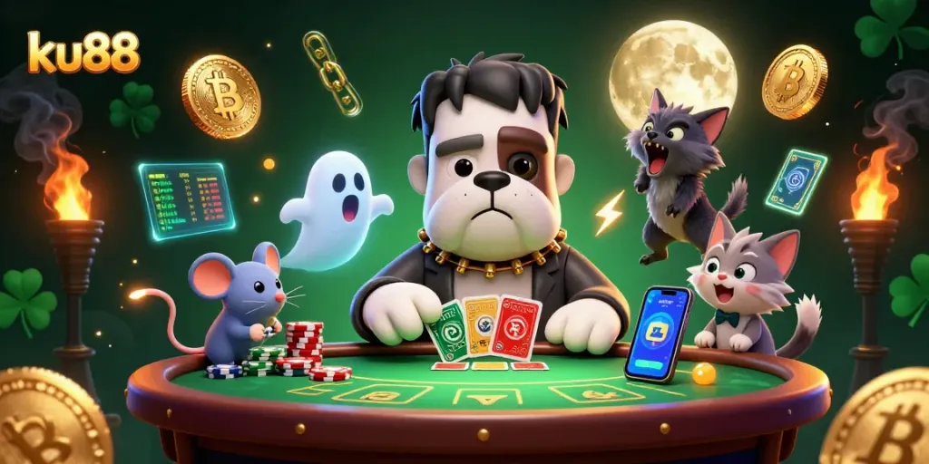 Join the action at ku88 with a spooky poker game featuring a Frankenstein bulldog, ghost mouse, and werewolf kitten.