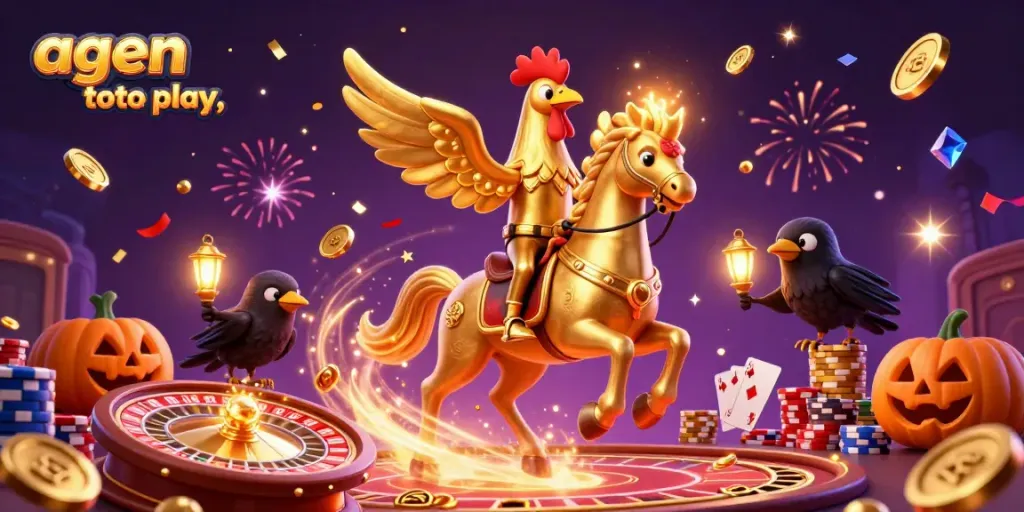 Experience the thrill of agen toto play with a golden rooster and mystical companions in a vibrant casino scene!