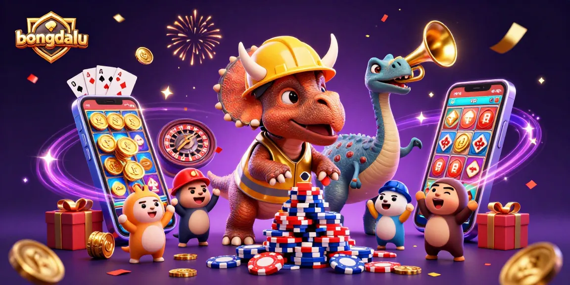 Engage with bongdalu's colorful gambling scene featuring a triceratops and gaming elements.