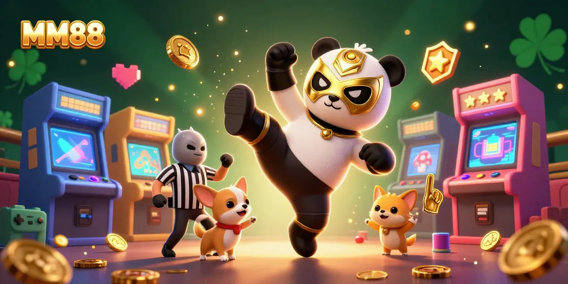 Engage in thrilling action at MM88 with a panda wrestler and lively animal spectators in a vibrant casino scene.