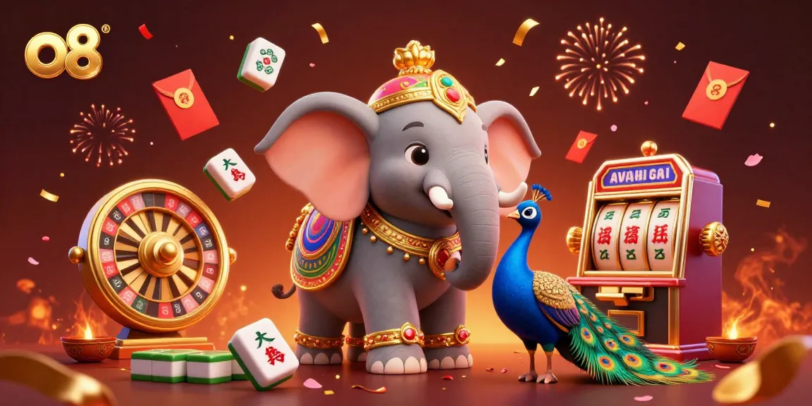 Engage with o8’s vibrant casino scene featuring spinning reels and festive decorations.