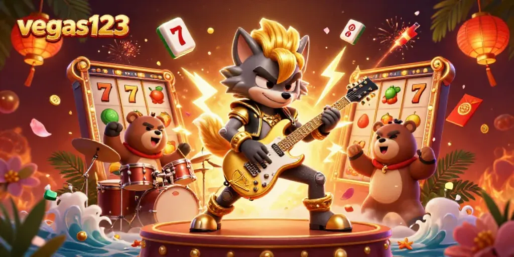 Gambarkan aksi menegangkan di vegas123 dengan wolf rock star dan bear drummer di panggung kasino.