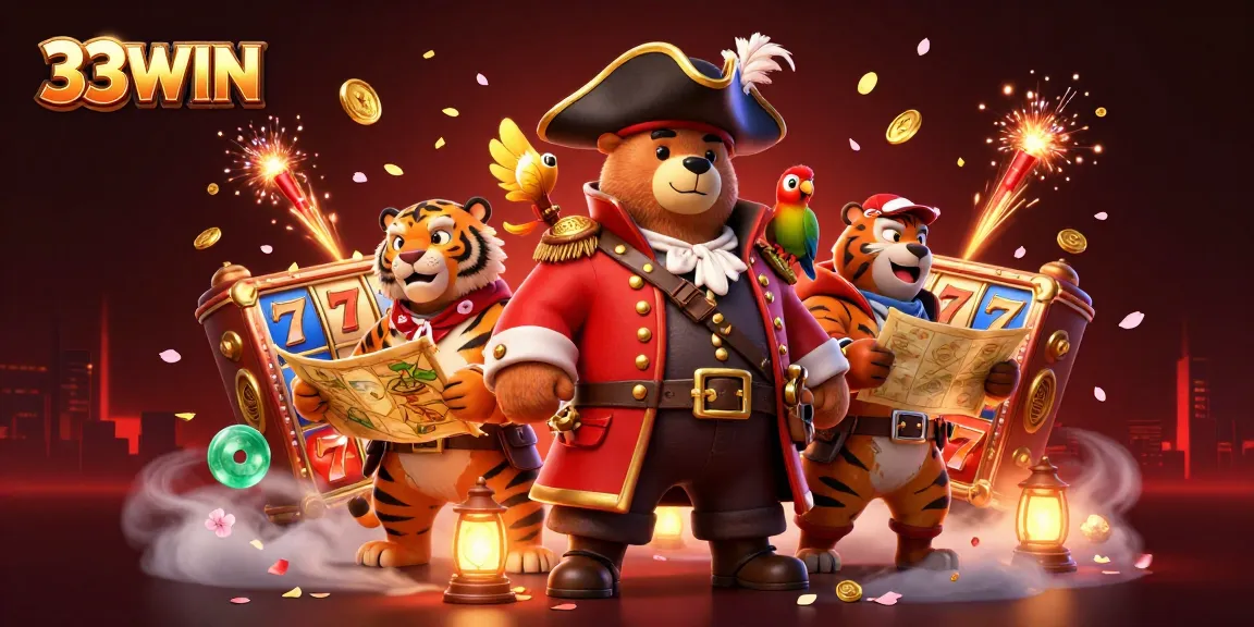 Experience the excitement of 33WIN with cartoon pirate bear, tiger, and parrot in a lively casino scene.