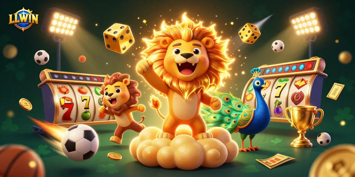 Experience LLWIN's thrilling slots with a roaring lion and dynamic casino elements.