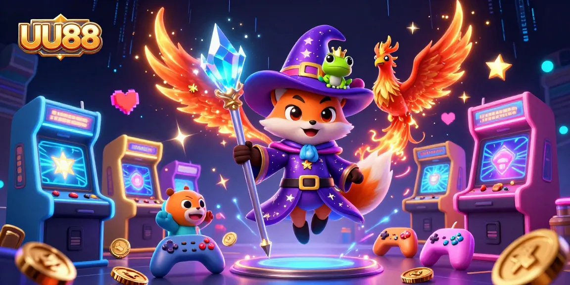Experience thrilling UU88 gameplay with a wizard fox and phoenix in a colorful casino adventure.