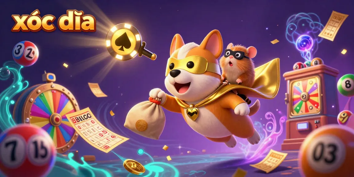 Xóc đĩa game action with superhero dog and hamster amidst a dynamic gambling scene featuring vibrant lottery elements.