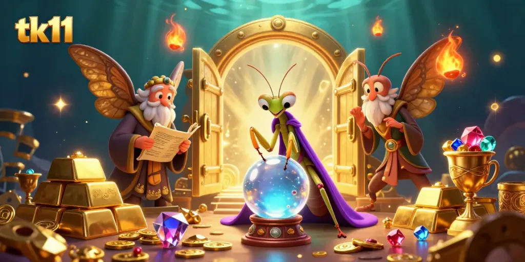 Experience the magic of tk11 with vibrant characters and gleaming treasures in this illustrative scene.