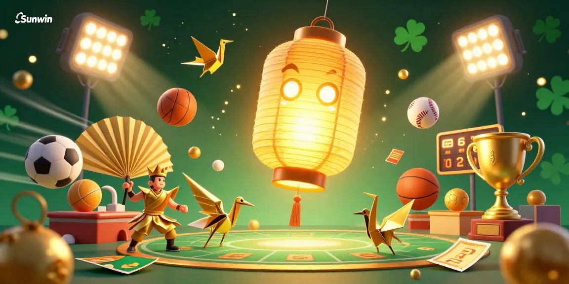 Sunwin showcases a lively night casino scene with golden lanterns and dynamic sports elements.