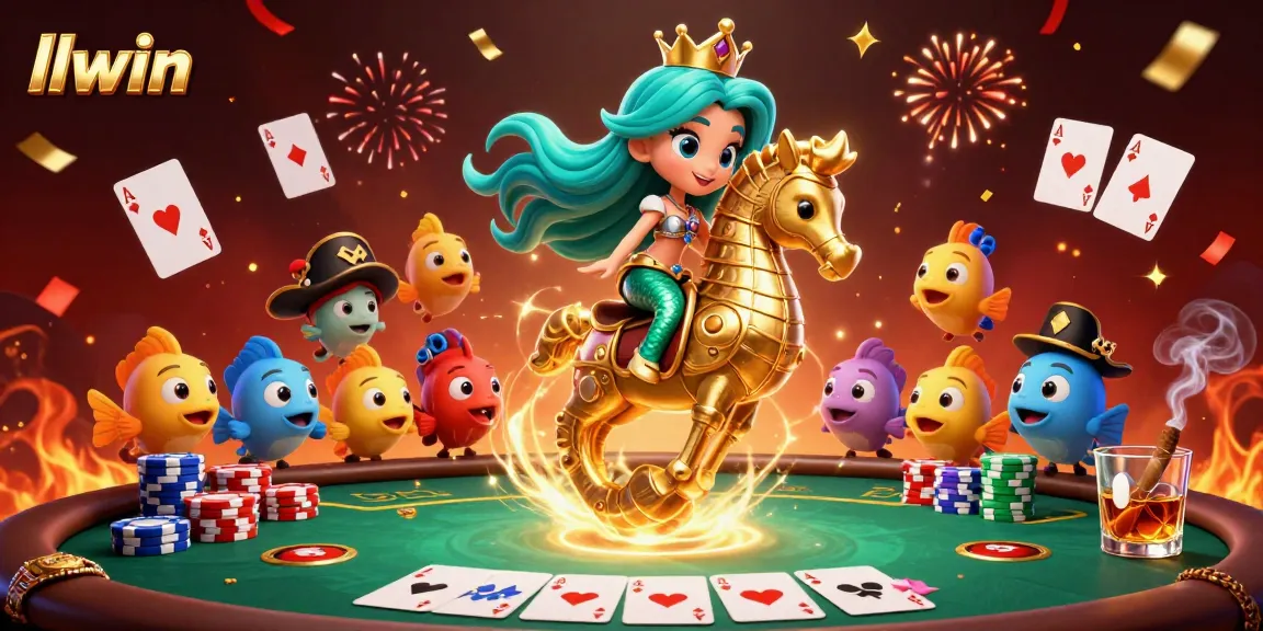 Play winning poker hands with llwin while mermaids celebrate in a vibrant casino scene