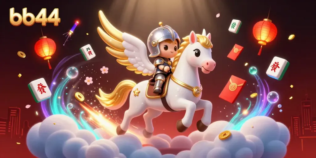 Experience the vibrant bb44 gaming world with a celestial horse and knight immersed in festive elements.
