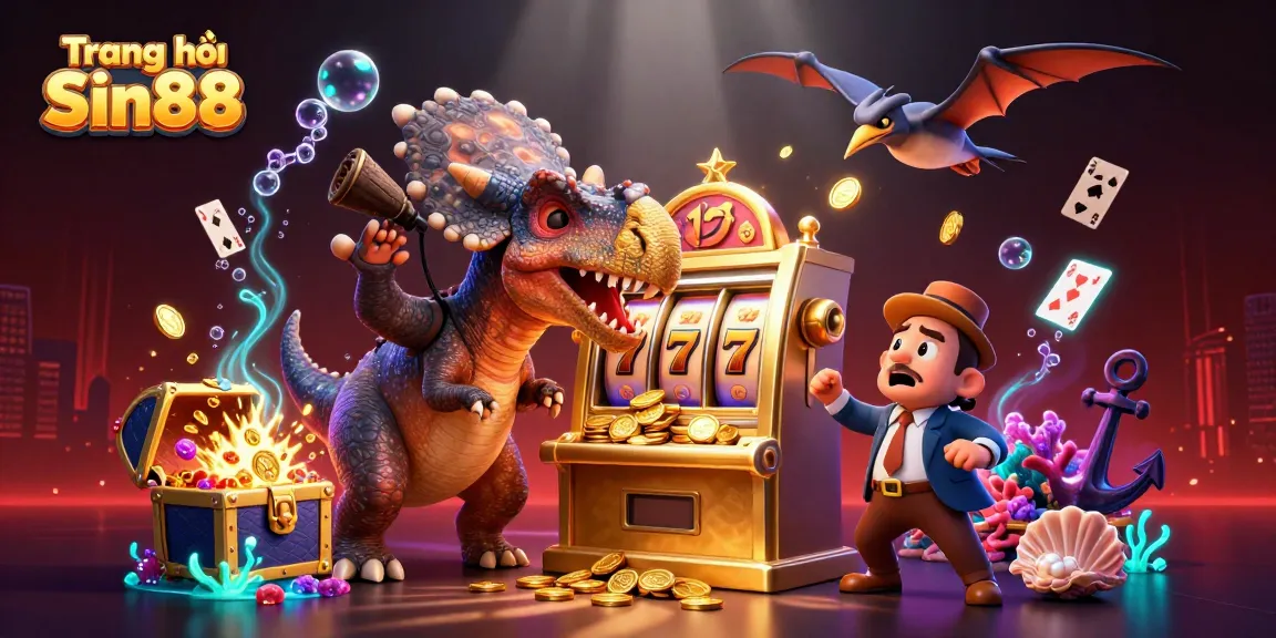 Win big at Trang chủ Sin88 with thrilling jackpot spins surrounded by casino excitement, featuring playful dinosaurs.