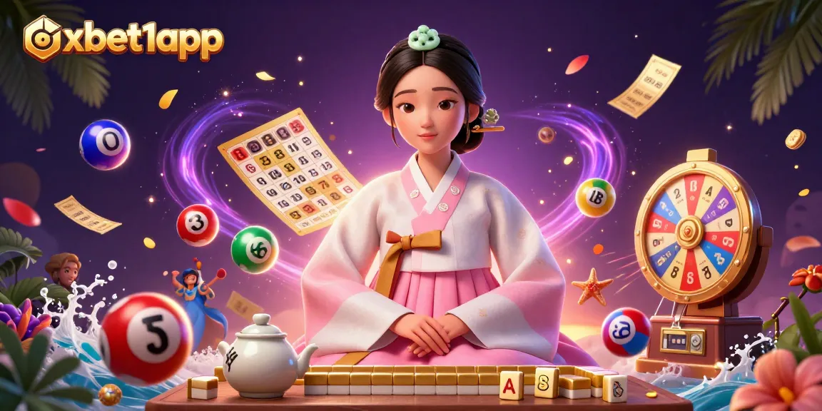 Experience vibrant excitement at oxbet1app with a dynamic illustration of lottery elements and a serene character.