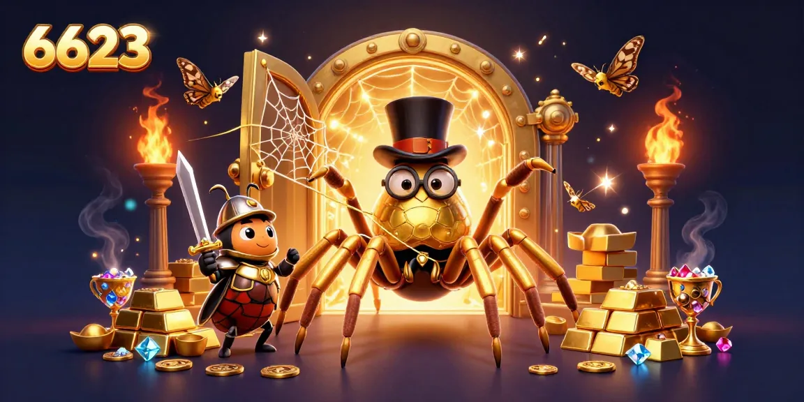 Experience the thrill of 6623 as you engage in a dynamic casino adventure with golden treasures bursting forth amidst a whimsical scene.