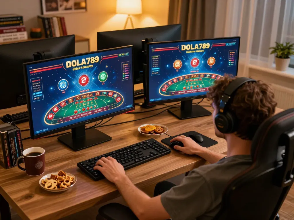DOLA789 player engaged in strategic online betting, showcasing a dynamic gaming setup.