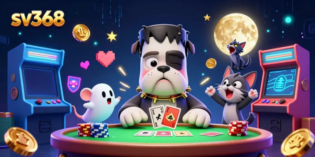 Engaging sv368 online casino scene with a cartoon bulldog dealing cards surrounded by gaming elements