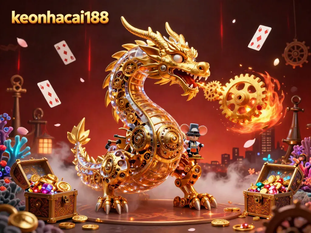 Engage with the keonhacai188 experience featuring a biomechanical dragon and vibrant casino elements.