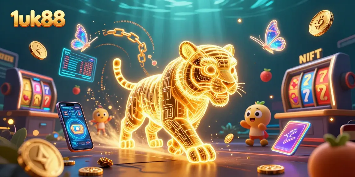 Engage with the vibrant energy of 1uk88 casino, featuring a golden tiger and neon crypto coins.