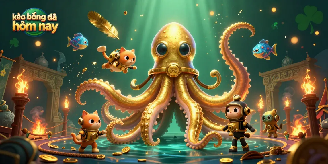 Engage in kèo bóng đá hôm nay with visual appeal from a dynamic illustration featuring a kraken and diving cat
