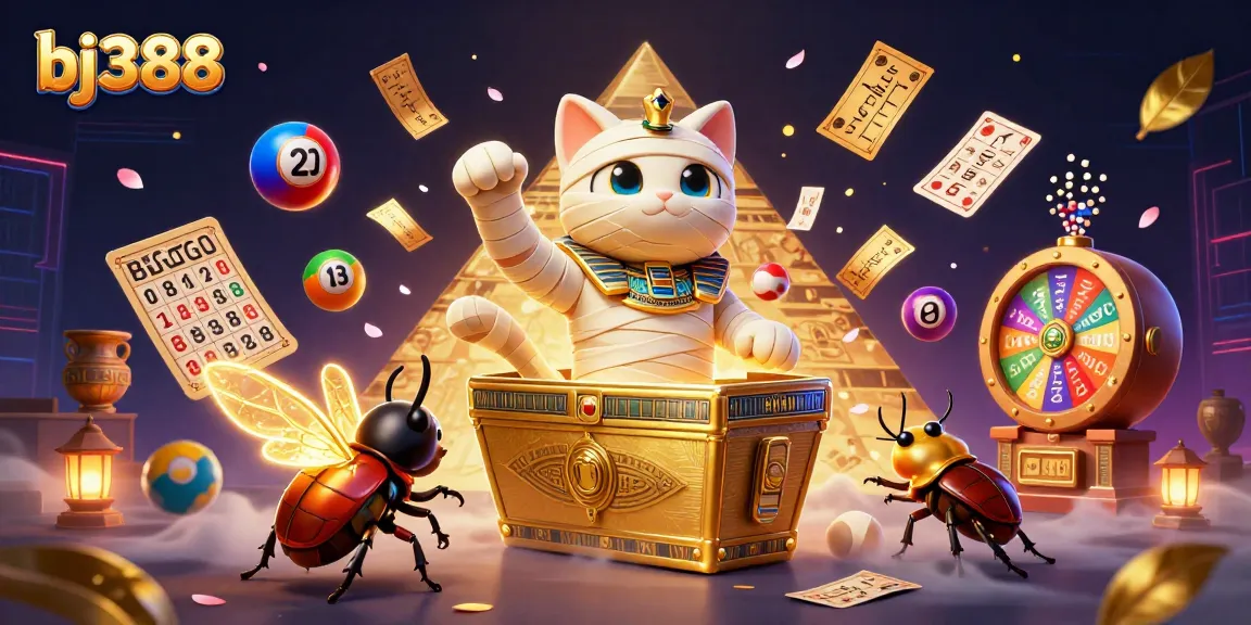 Engage with bj388 as a cartoon Egyptian mummy cat bursts from a sarcophagus in a lively casino scene.