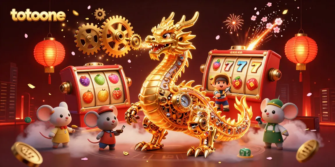Menangkan permainan slot bertema totoone dengan naga emas mekanik unik yang mengeluarkan roda keberuntungan.