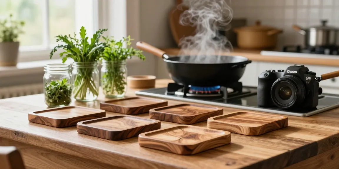 Topfuntersetzer aus Holz auf einem rustikalen Küchentisch mit dampfenden Töpfen und frischen Kräutern.