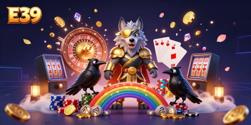 Experience E39's vibrant gambling universe with Odin and raven champions on a dazzling chip bridge.