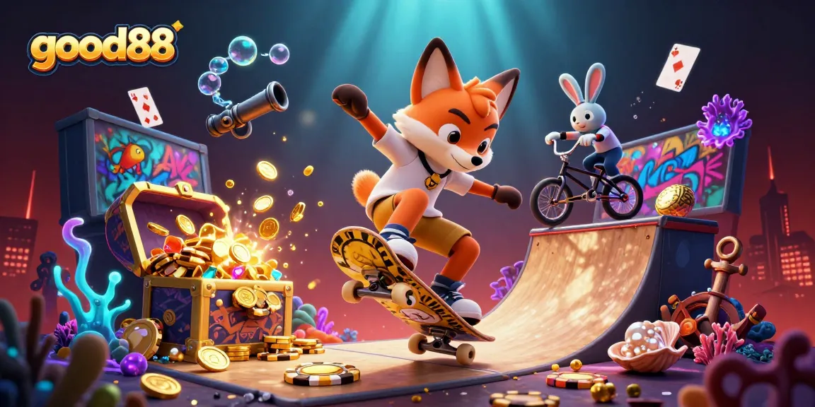 Watch a skateboarder fox doing tricks at good88, showcasing a vibrant casino-themed scene filled with treasures.