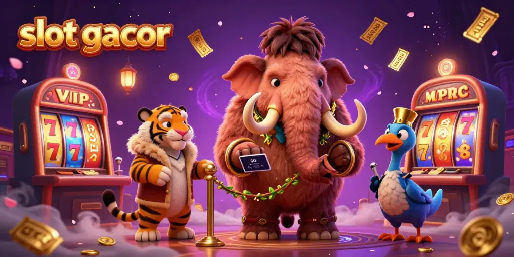 Experience the thrill of slot gacor with a vibrant casino scene featuring a mammoth bouncer, saber-tooth guest, and lively game elements.