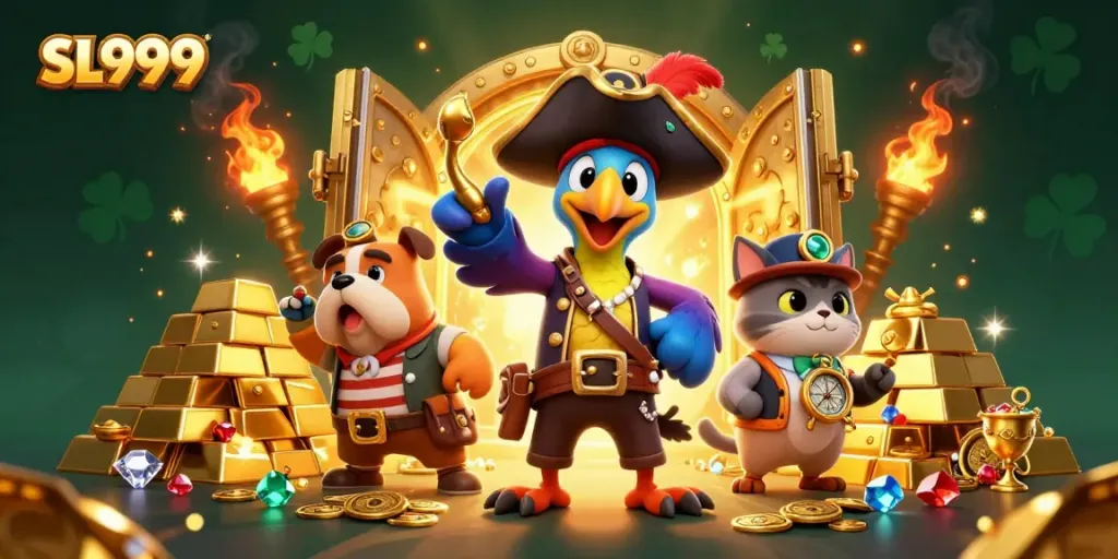 Experience the thrill of winning at SL999 with vibrant characters amidst gold and treasure.