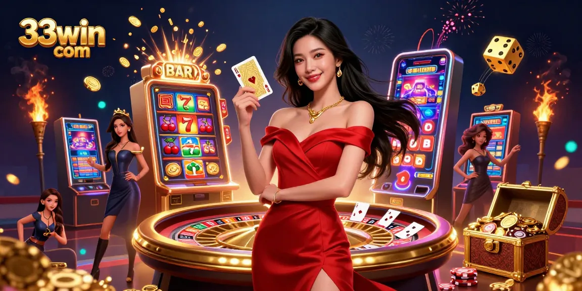 Play winning games at 33win com with a stunning casino scene showcasing a beautiful dealer and exciting slots.