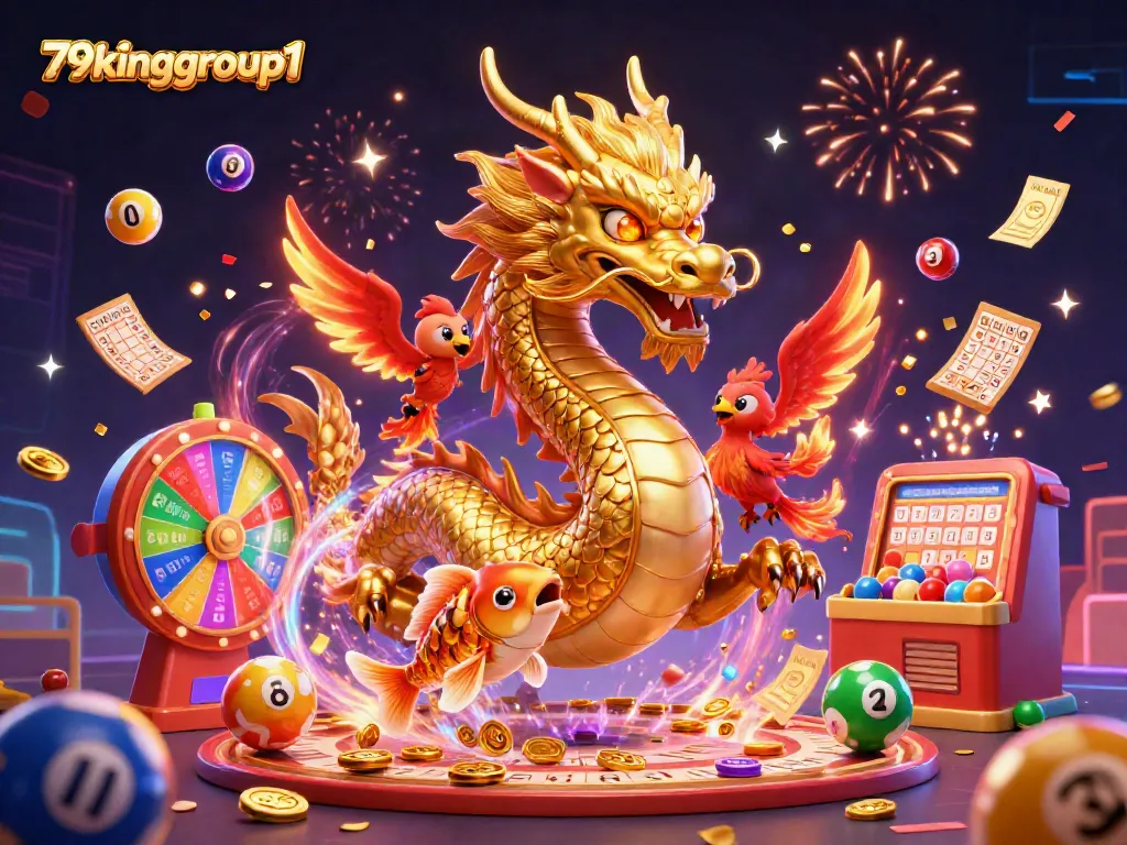 Experience the thrill of 79kinggroup1 with our dynamic casino scene, featuring a dragon, phoenix, and koi fish amidst gambling elements.